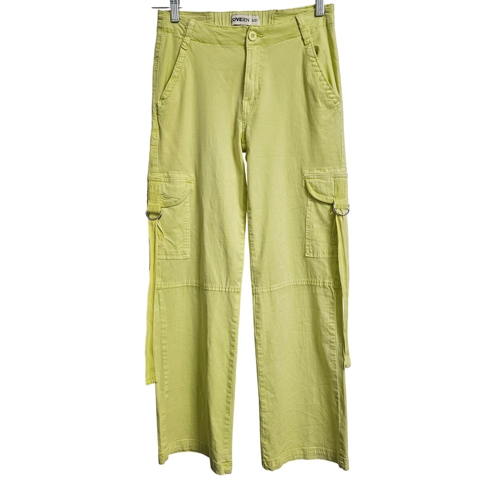 Y2K Lovegen Cargo Pants Womens 3/27 Lime Wide Leg Utility D-Ring Tencel Stretch‎